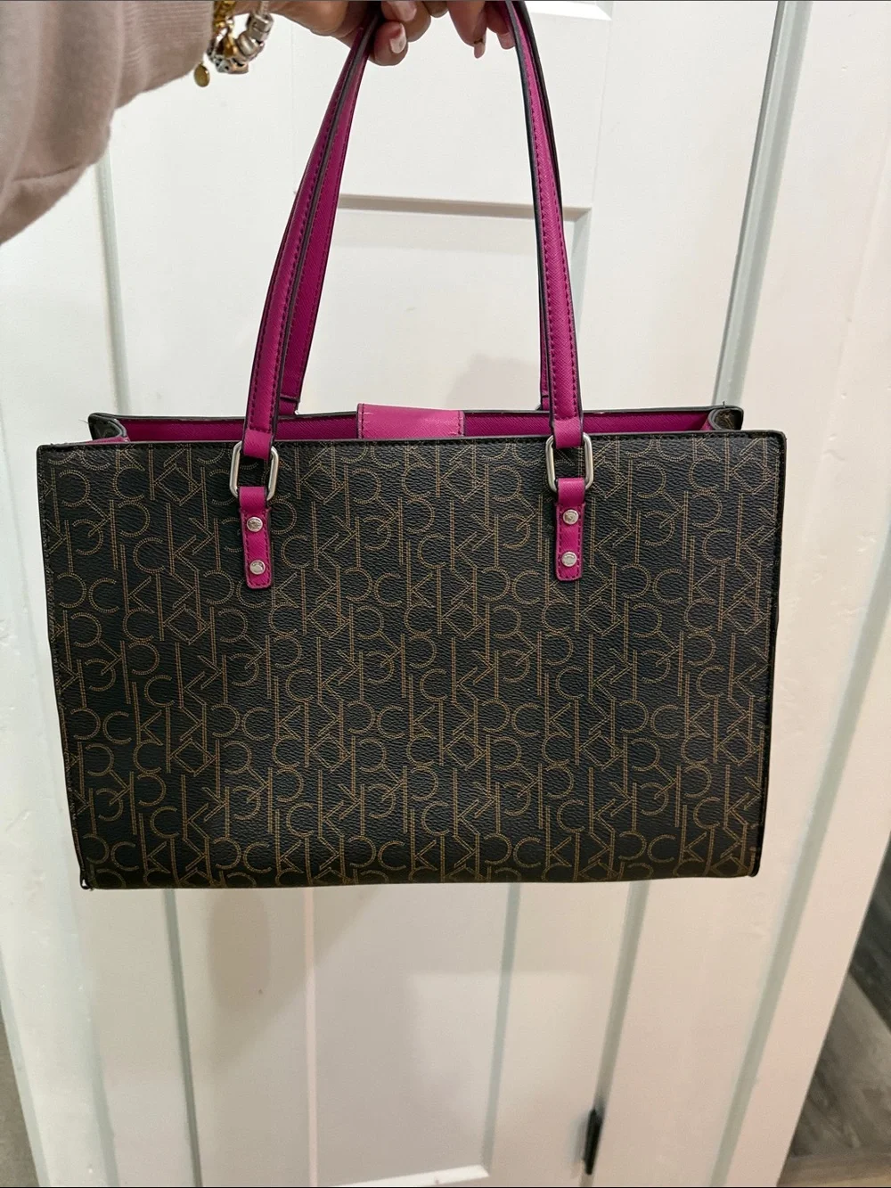 Calvin Klein Brown Monogram Tote with Fuchsia Trim